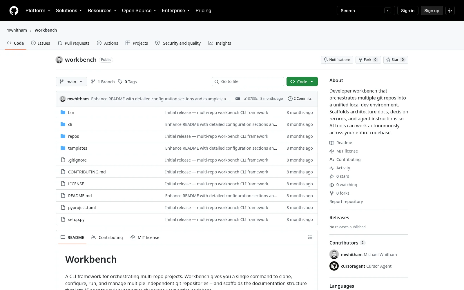 github repository page for mwhitham/workbench, showing the file list, the about panel, and the start of the readme.